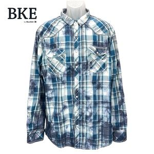BKE Men’s XXL Tailored Fit Pearl‎ Snap Distress Blue Plaid Tie Dye Western Shirt